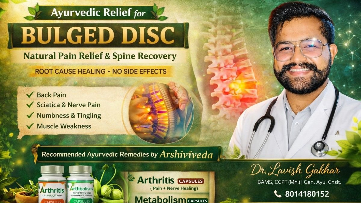 Written by Dr. Lavish Gakhar BAMS (Ayurveda Expert) | Specialist in Natural & Holistic Healing  Introduction  Bulged disc, slip disc, or herniated disc — these are becoming extremely common problems in today’s lifestyle. Long sitting hours, poor posture, gym injuries, and stress are silently damaging our spine.  If you are experiencing back pain, numbness, tingling, or weakness in arms or legs, it could be a bulged disc. The good news? Ayurveda offers a natural, side-effect-free, and root-cause-based treatment that not only relieves pain but also strengthens your spine permanently.  What is a Bulged Disc?  A bulged disc occurs when the outer layer of the spinal disc protrudes outward into the spinal canal without rupture.  These discs act like cushions between your vertebrae. When they lose flexibility due to age, injury, or lifestyle factors, they bulge and press on nearby nerves, causing:  Severe back pain Sciatica (radiating leg pain) Numbness or tingling Muscle weakness  It can occur in:  Cervical spine (neck) Thoracic spine (mid-back) Lumbar spine (lower back – most common) Causes of Bulged Disc  Modern lifestyle is the biggest culprit behind spine issues. Common causes include:  Poor posture (sitting for long hours) Heavy lifting or sudden strain Age-related degeneration Obesity Lack of physical activity Injury or accidents Ayurvedic View on Bulged Disc  According to Ayurveda, bulged disc is mainly caused by Vata Dosha imbalance.  Vata governs movement, nerves, and dryness in the body. When it gets aggravated due to:  Irregular lifestyle Excessive stress Dry & junk food Lack of sleep  …it leads to:  Degeneration of discs Nerve compression Pain, stiffness, and numbness  👉 Ayurveda focuses on balancing Vata, nourishing tissues, and strengthening the spine naturally.  Ayurvedic Treatment Approach (Root Cause Healing)  Instead of just suppressing pain, Ayurveda works on:  Reducing inflammation Strengthening spinal discs Improving nerve function Enhancing lubrication in joints Preventing recurrence 🌿 Recommended Ayurvedic Remedies by Arshivveda 1. Arthritis Capsule (Arshivveda)  This is a powerful herbal formulation specially designed for:  Back pain relief Sciatica & nerve pain Joint inflammation Muscle stiffness  How it works:  Reduces inflammation naturally Strengthens bones and joints Improves mobility Supports long-term spine health 2. Metabolism Capsules (Arshivveda)  Most people ignore digestion, but in Ayurveda, weak digestion (Mandagni) leads to toxin buildup (Ama) — a major cause of inflammation and pain.  Benefits:  Improves digestion & metabolism Reduces toxin accumulation Supports weight management Enhances overall healing process 💡 Why Choose Arshivveda?  At Arshivveda, we focus on “Cure with Pure” philosophy.  100% Ayurvedic formulations No chemicals or harmful additives Designed by expert Ayurvedic doctors Focus on root-cause healing, not temporary relief 🧘 Lifestyle & Ayurvedic Practices 1. Daily Routine (Dinacharya) Sleep and wake up on time Avoid late-night habits Maintain proper posture 2. Yoga & Exercise  Include gentle movements like:  Bhujangasana Makarasana Setu Bandhasana  These help strengthen the spine and relieve pressure on discs.  🥗 Diet Recommendations  Follow a Vata-pacifying diet:  ✔ Warm, freshly cooked food ✔ Ghee and healthy fats ✔ Milk and dairy products ✔ Green leafy vegetables  Avoid: ✖ Junk food ✖ Cold drinks ✖ Excess tea/coffee ✖ Dry and processed food  ⚠️ Daily Care Tips Avoid prolonged sitting Take breaks every 30–40 minutes Use ergonomic chairs Sleep on a supportive mattress Avoid lifting heavy weights Conclusion  Bulged disc is not just a structural problem — it’s a sign that your body is out of balance.  With the right Ayurvedic approach, proper diet, lifestyle correction, and authentic herbal support like Arshivveda’s Arthritis Capsule & Metabolism, you can:  ✔ Reduce pain naturally ✔ Heal nerves and discs ✔ Avoid surgery ✔ Regain active lifestyle  Regards, Dr. Lavish Gakhar Gen. Ayu. Cnslt. BAMS, CCPT (Mh.) 📞 8014180152